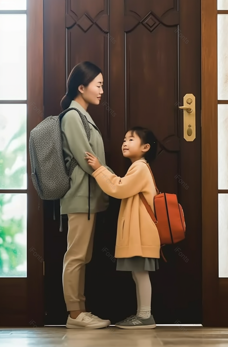 妈妈给女儿整理书包在门口去上学场景,高清,摄影图,摄影图片,图片大全,摄影图免费下载
